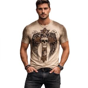 Konquest Skull Crown Men's Tan Studded Graphic Skull Cotton Shirt Size Medium